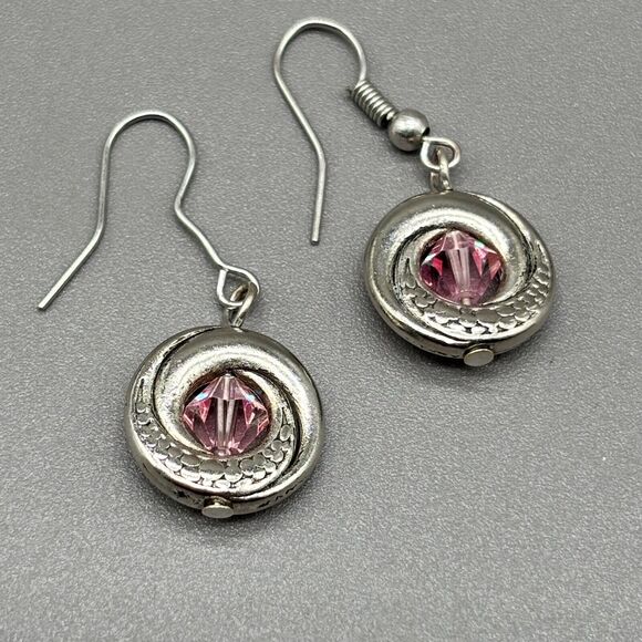 Silver Plated Dangle Drop Earrings Pink Birthstone Crystal Textured Swirls - Picture 1 of 5